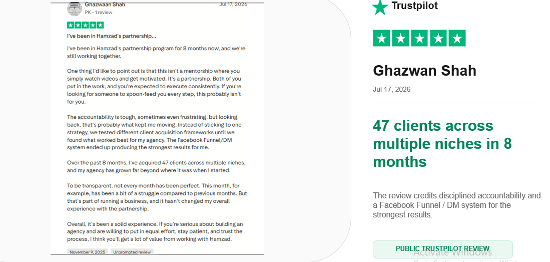 Ghazwaan Shah’s testimonial — 47 clients across multiple niches in 8 months